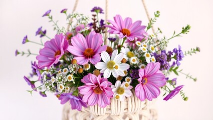 Elegant Macrame Holder with Purple Pink Silver Flowers