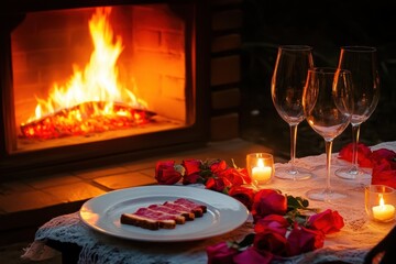 Romantic dinner setup with roses and fireplace creates a cozy atmosphere