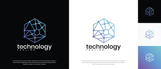 Technology connection hexagon logo design. Technology connection logo template. Technology logo symbol icon