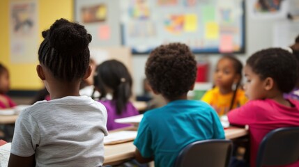 Obraz premium Elementary school children attentively seated in a classroom.