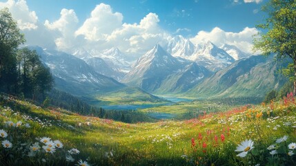 Fototapeta premium Breathtaking alpine landscape with snowy peaks and vibrant wildflower meadow