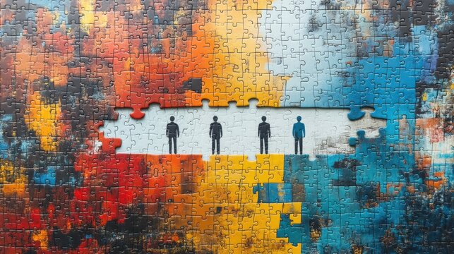 Colorful abstract puzzle with missing piece and human silhouettes in center