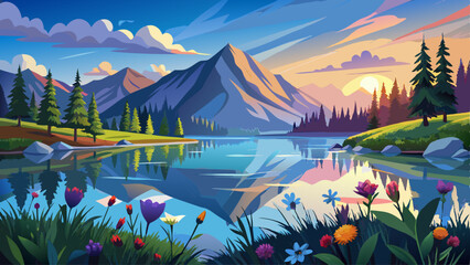 A calm mountain lake mirrors the early morning sky, still and glassy.
Wildflowers bloom along the shore in quiet beauty.