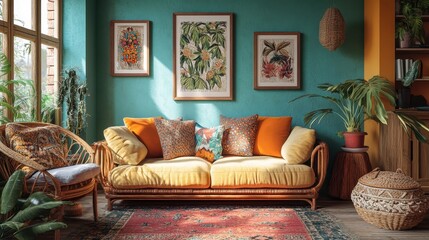 Cozy bohemian living room with vibrant decor, green walls, and rattan furniture