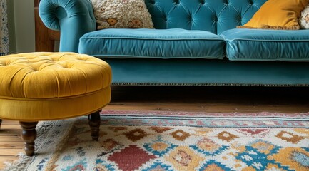 Closeup of an aqua blue sofa, wooden flooring, a yellow footstool with geometric patterns rug in a bright living room