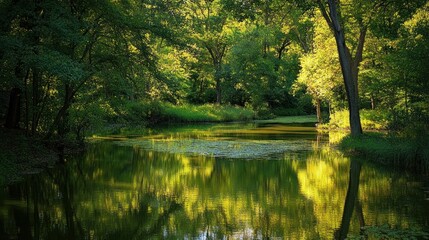 Fototapeta premium A serene pond reflecting trees in a sunlit and green environment