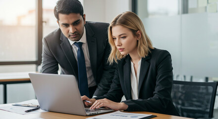 Obraz premium Focused business colleagues collaborating on laptop modern office setting serious expressions