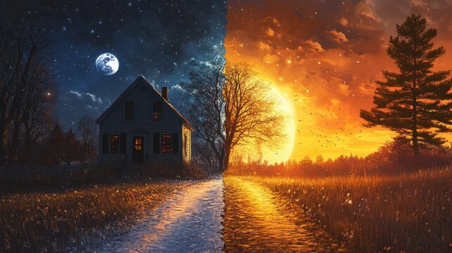 Surreal split landscape with night and day over rural house