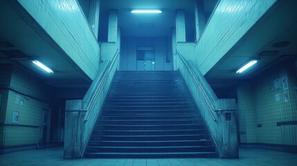 Obraz premium Empty, dimly lit, aged stairway in a building