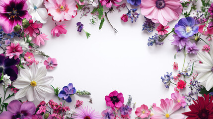 A vibrant array of pink, purple, and white flowers creates a beautiful floral frame on a clean white background perfect for design projects and sp celebrations.