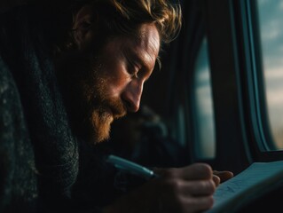 Focused man writing in a notebook on a train, representing travel, reflection, and creativity. Ideal for travel blogs, personal development, and writing prompts.