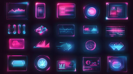 Futuristic data interface with glowing graphs, charts, and digital elements in vibrant pink and blue hues.