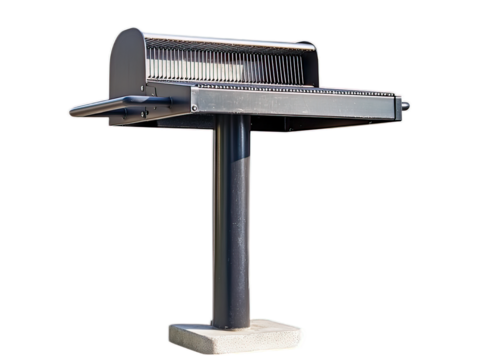 Metal park grill attached to post, public barbecue station, outdoor cooking furniture, white background