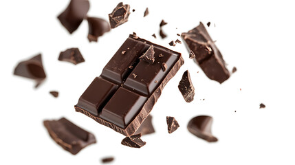 A close-up of chocolate pieces flying through the air