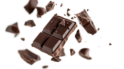 A close-up of chocolate pieces flying through the air