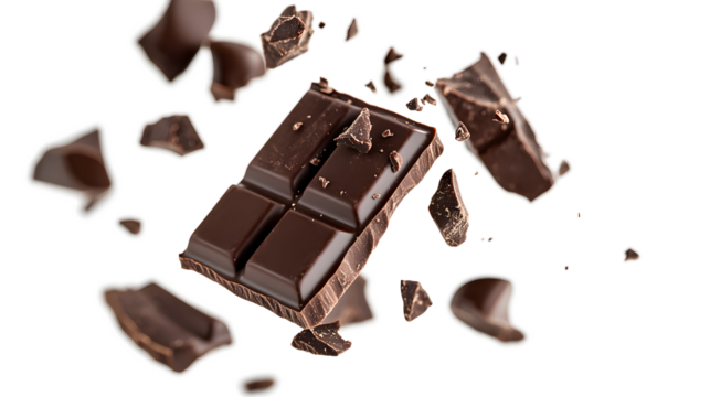 A close-up of chocolate pieces flying through the air