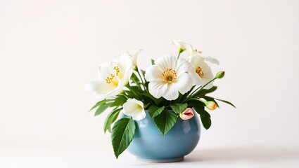 Elegant White and Gold Eustoma and Ipheion in Blue Ceramic Pot