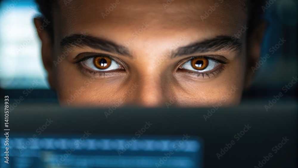 Aufkleber A closeup focus on a users eyes reflecting the glow of a computer screen as they monitor live updates of usage statistics and AIgenerated insights in a dimly lit office.