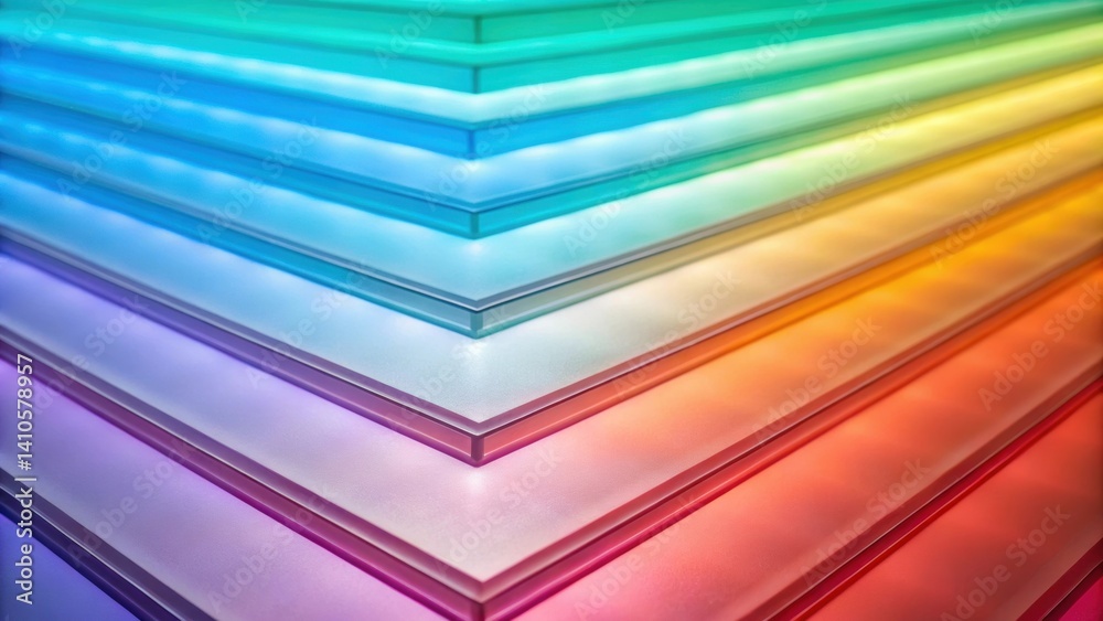 Aufkleber A closeup featuring overlapping layers of translucent panels where each layer glows with a different hue providing a depth and complexity to the color display.