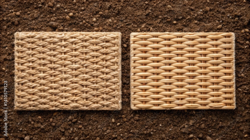 Poster A closeup image focusing on small biodegradable mats made from natural fibers resting on soil highlighting the co texture and design that supports moisture retention and seed