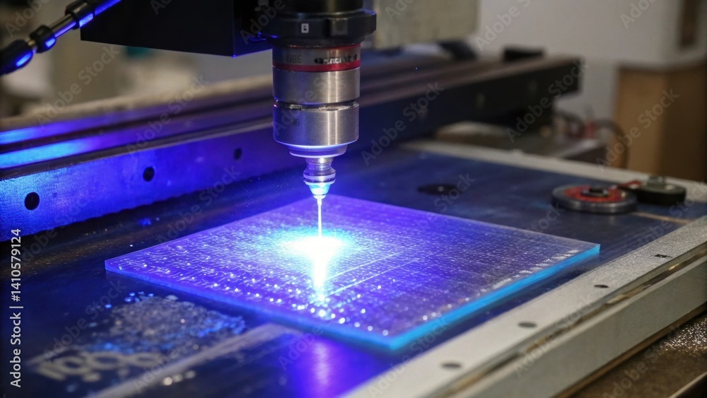 Aufkleber A closeup image of a nanocoating being cured under UV light showcasing the glowing effect of light on the surface and indicating the curing process.