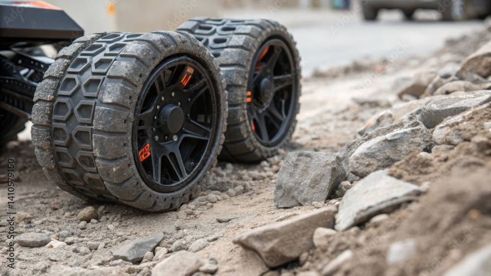 Fototapete A closeup image highlighting the robots sy wheels that grip an uneven surface showcasing the tread pattern designed for maximum traction on rugged terrain.