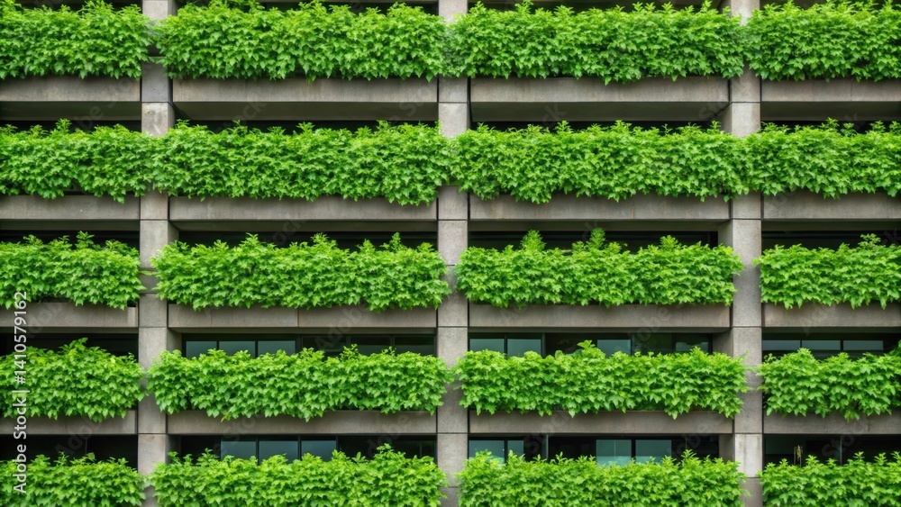 Poster A closeup image of a green wall adorned with vertical plants seamlessly integrated into the side of a modular parking structure emphasizing ecofriendliness and urban greenery.