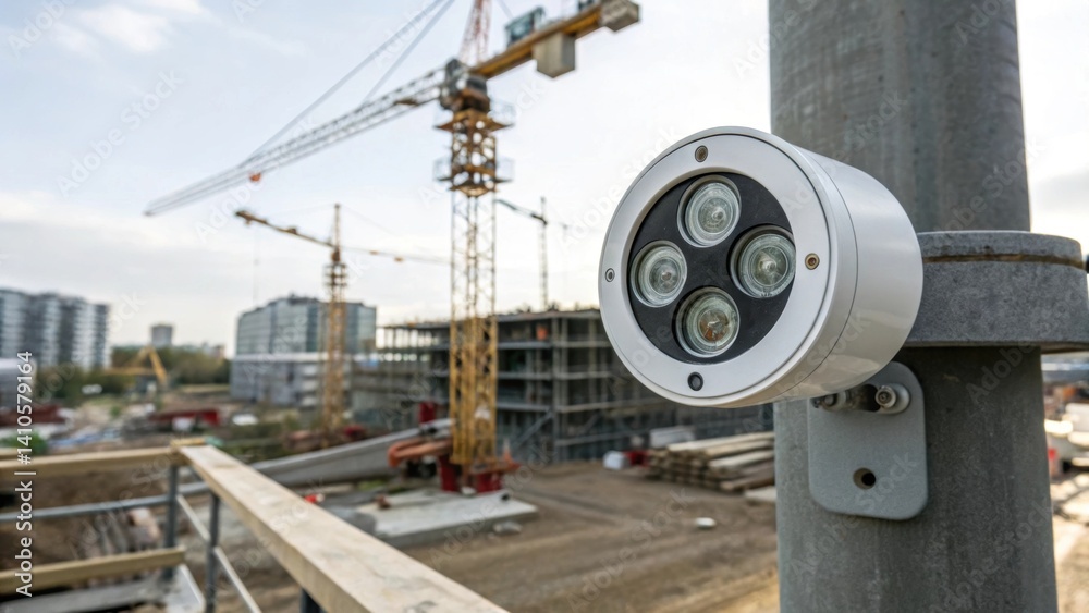 Poster A closeup image of a smart lighting sensor installed on a site featuring a circular design with multiple lenses set against a backdrop of cranes and building materials.