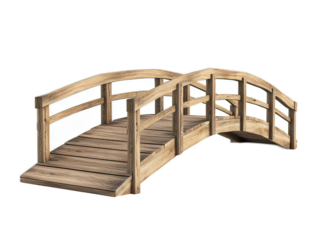 Wooden boardwalk ramp with railings, accessible beach path, inclusive coastal furniture, white background