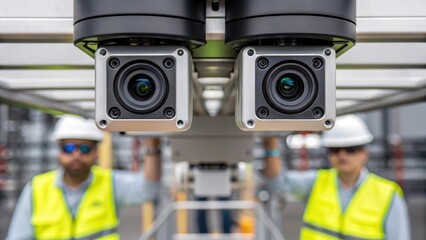 A closeup image of a robotic camera system positioned above the installation site monitoring each step and ensuring the accuracy of module placements.