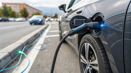 A closeup image focusing on the connectors embedded within the road with a dynamic display demonstrating how energy flows seamlessly from the road to an electric vehicle above.