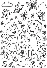 Fototapeta premium happy kids playing with butterflies in a flower field on a spring day coloring page for children