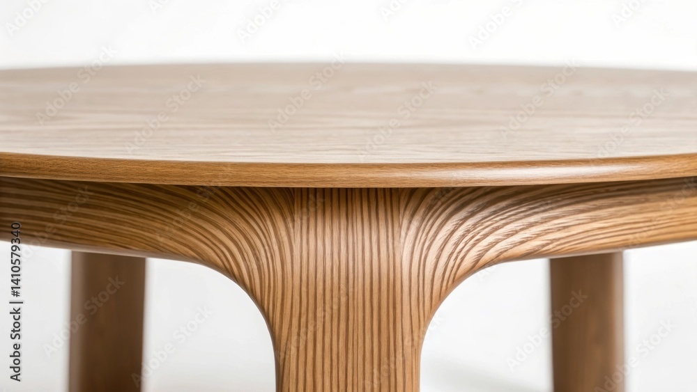 Poster A closeup of a 3Dprinted coffee table focusing on its smooth organic contours and surface finish that mimic natural wood grain with a minimalistic design that blends function and