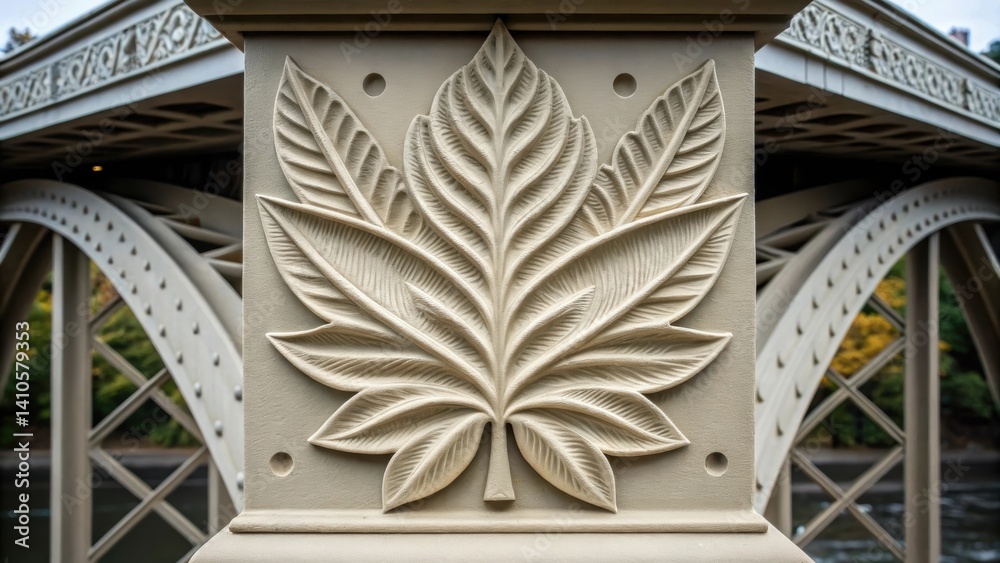Poster A closeup of a 3Dprinted decorative feature embedded within the bridge structure such as a leaf motif highlighting the blend of natureinspired art and modern engineering