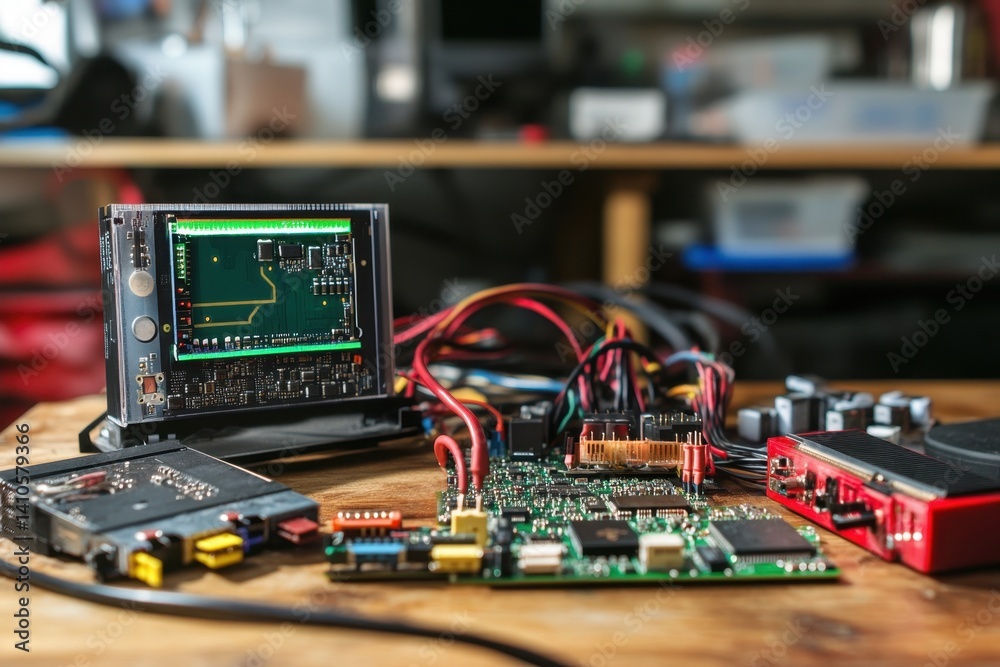 Poster electronic components and tools arranged on a workbench in a tech workshop