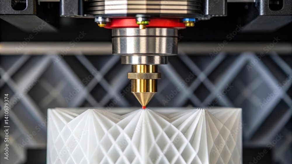 Aufkleber A closeup of a 3D printer nozzle extruding precise layers of filament with a completed design featuring intricate geometrical forms in the background.