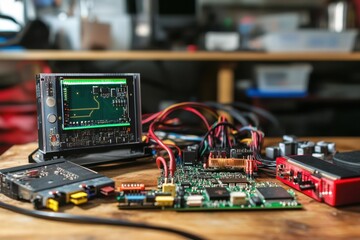 Electronic components and tools arranged on a workbench in a tech workshop