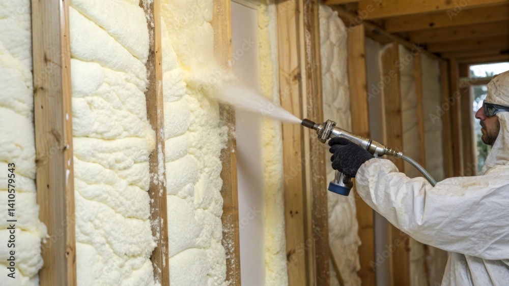 Poster A closeup of a biodegradable spray foam insulation application capturing the creamy texture as it expands within a wall cavity showcasing its easy application od.