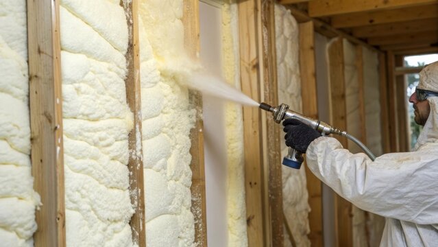 A closeup of a biodegradable spray foam insulation application capturing the creamy texture as it expands within a wall cavity showcasing its easy application od.
