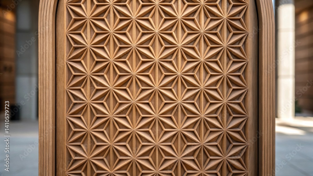 Poster A closeup of a door with an elaborate geometric pattern 3Dprinted using recycled materials demonstrating the fusion of art and sustainability in design.