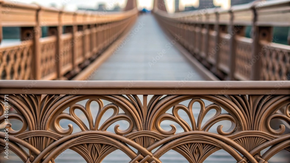 Poster A closeup of a customized railing on the bridge featuring organic flowing designs that contrast with the rigid lines of traditional bridge railings demonstrating innovative design