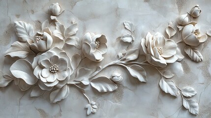Elegant bas-relief floral sculpture with white flowers and leaves on textured background