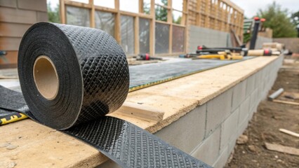 A closeup of advanced weatherproofing tape on a construction site featuring a strong adhesive backing and a textured finish that promotes durability in harsh conditions.