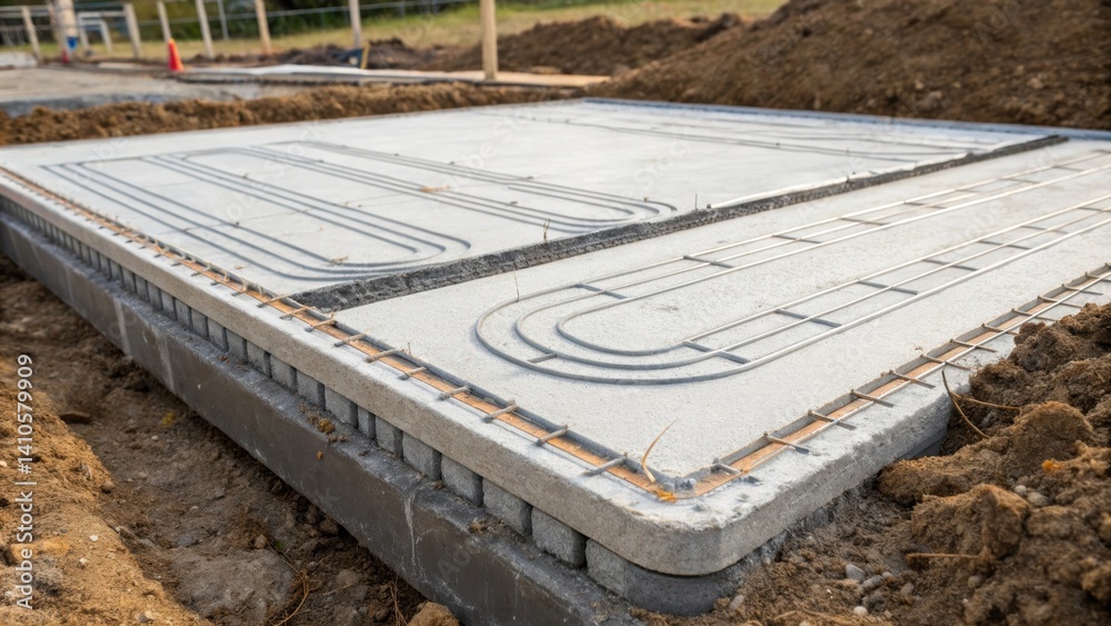 Poster a closeup of a foundation slab with visible drainage channels allowing for the management of geother