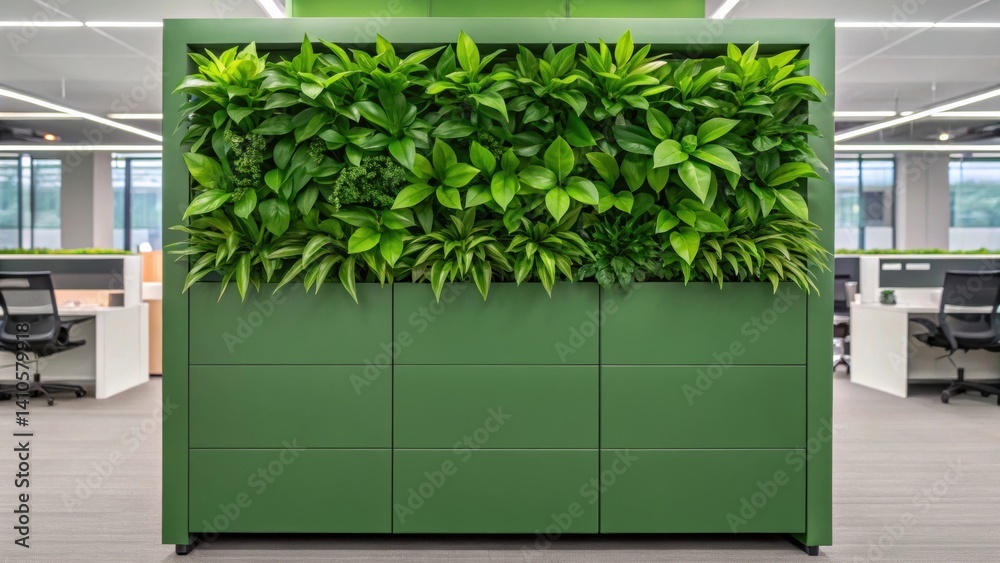 Poster a closeup of a green wall installation within a movable office unit featuring a lush display of plan