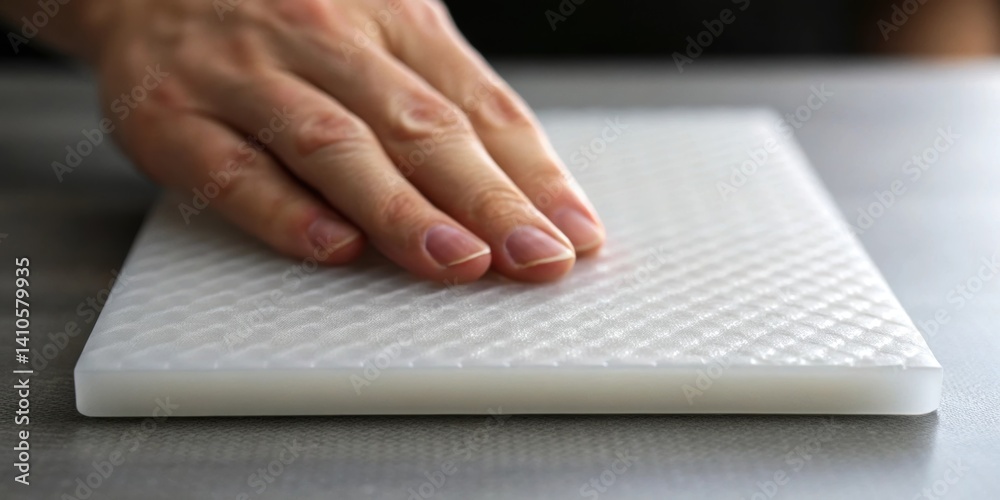 Poster A closeup of a hand gently pressing against an aerogel panel demonstrating its remarkable flexibility while maintaining form with fine details of the surface texture visible.