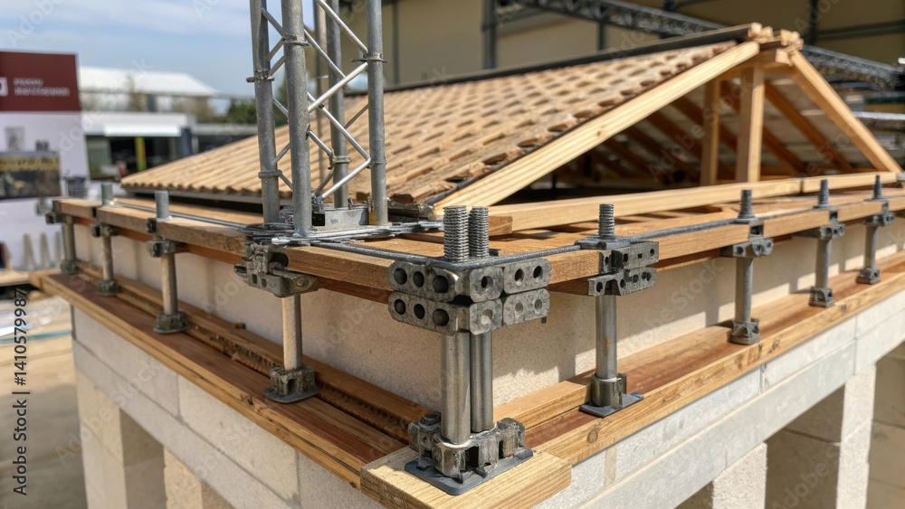 Poster A closeup of a mixedmaterials digital model for a temporary construction structure showcasing the blend of traditional and modern building materials with a focus on joints and