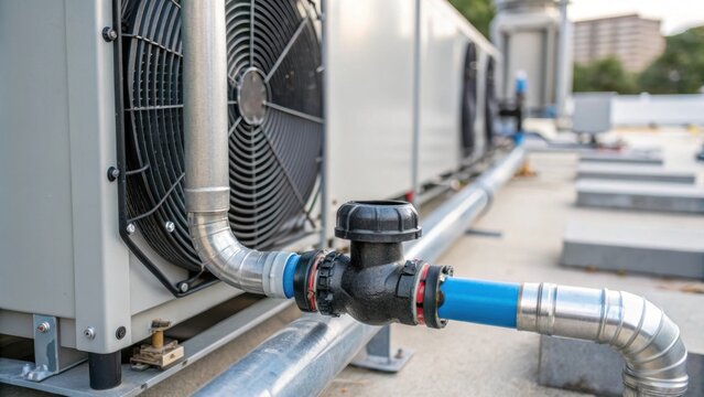 A closeup of a liquid cooling system pipe connected to a heat exchange unit showcasing the innovative design and thermal conductivity of the materials involved in urban cooling