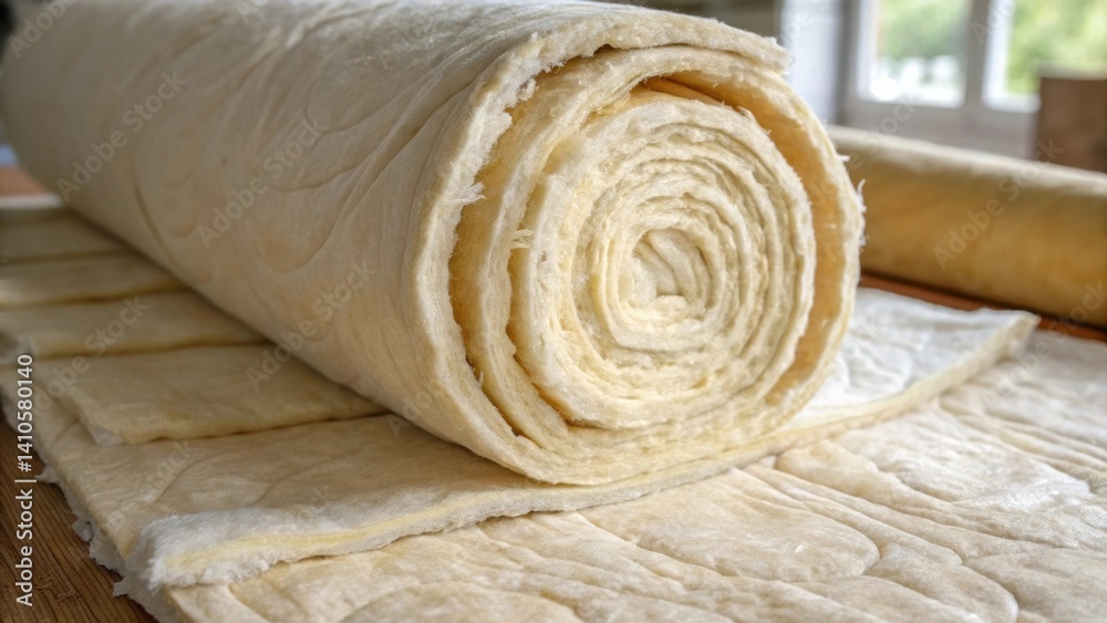 Aufkleber A closeup of an ecofriendly insulation roll being unrolled capturing the soft quilted layers and the natural color variations within the material.