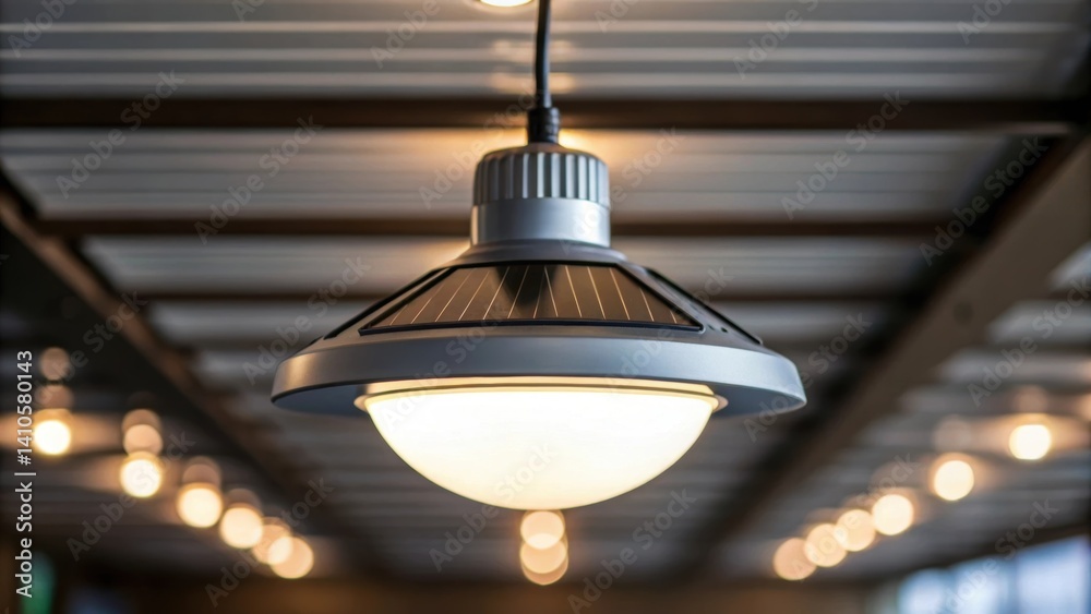 Poster A closeup of an energyefficient LED light fixture hanging from the ceiling illuminated by solar power highlighting its modern design and low energy consumption.